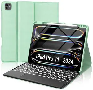 Keyboard Case for iPad Pro 11-inch (M4) - Magnetic Wireless Keyboard with Multi-Touch Trackpad 7 Colors Backlit Stain Wireless Cover for iPad Pro 11 Inch 2024,Green
