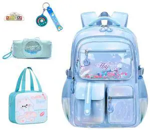 dKargo 5Pcs Blue Sequin Girls Backpack - Kawaii Bookbag School Shoulders Laptop Bag Daypacks for Students Teen Kids Casual Travel (Blue)