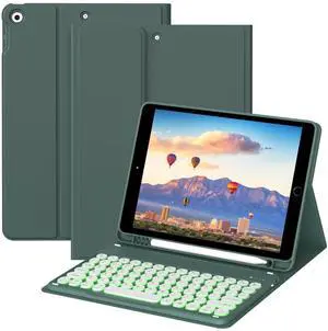 JKSML Keyboard Case for iPad 9th/8th/7th Generation(2021/2020/2019) 10.2 Inch, Case with 7 Colors Backlit Detachable Keyboard Soft TPU Back Folio Stand, Built-in Left Side Pencil Holder, Dark Green