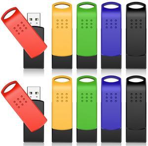 KEXIN 16GB Flash Drive 10 Pack USB 2.0 Thumb Drives Swivel Memory Stick Bulk USB Drive with LED Light - Green, Red, Black, Blue, Yellow