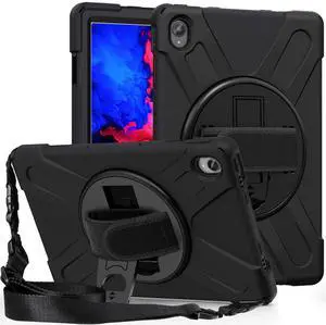 Juaupepo Rugged Case for Lenovo Tab P11 11" 2020(TB-J606F)/P11 Plus 2021 (TB-J616F), Portable Hybrid Shock-Proof Cover with 360° Rotatable Hook&Loop Handle,Shoulder Strap (Black)