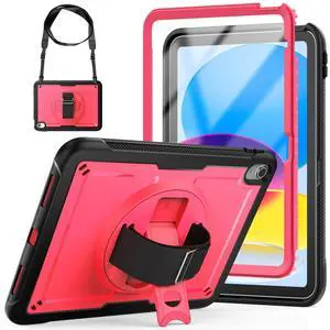 KAIJIAbox Case for iPad (A16) 11th/10th Generation Case 11/10.9 Inch [2025/2022] with Screen Protector,360deg Band Hand Strap/Stand, Back Shell Protective Cover/Pencil Holder,Rose Red