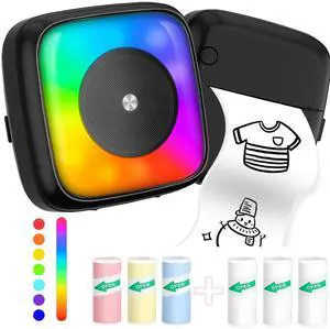 Mini Printer Sticker Printer Print Pod with 6 Rolls Sticker Paper, Seven Color Lighting Modes for DIY Scrapbook, Travel, Notes, Label, Memo, Compatible with iOS&Android