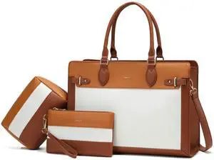 Keyli 3pc Sets Laptop Tote Bag for Women 15.6 Inch Work Bag Business Computer Briefcase Waterproof Leather Laptop Purses Casual Shoulder Handbag Messenger Bags for Travel Teacher Office Brown