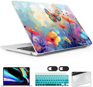 Lepeoac for MacBook Air 15 inch Case 2023 2024 2025 Release A3241 M4 A3114 M3 A2941 M2 with Liquid Retina Display & Touch ID, Hard Shell with Screen Protector & Webcam Cover, Flowers & Butterflies