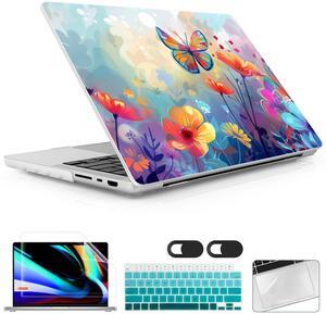 Lepeoac for MacBook Pro 14 Inch 2024 2023 2022 2021 Release M4 A3112 A3401 A3185 M3 A2918 A2992 M2 A2779 M1 A2442 Pro/Max Chip, Plastic Hard Shell Case with Keyboard Cover, Flowers & Butterflies