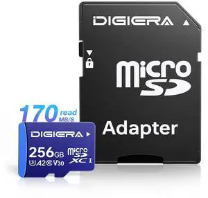 DIGIERA 256GB LT100 microSDXC UHS-I Memory Card with Adapter - up to 170MB/s, C10, U3, V30, 4K, A2, Micro SD Card for Smartphones, Tablets, Cameras, Gaming Consoles, and Drones (1 Pack)