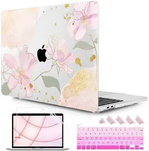 Lepeoac Case for MacBook Pro 13 inch with/Without Touch Bar (2016-2022, M2 A2338 M1 A2289 A2251 A2159 A1989 A1706 A1708), Hard Shell + Keyboard Cover + Dust Plug - Gold Blossom Flowers