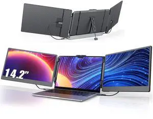14.2'' Screen Extender Portable Laptop Plug-play, 1080P IPS Laptop Monitor Extender Built-in Speaker, HDMI/USB-A/Type-C Triple Monitor for 13''-17.3'' Laptops, Work with Mac, Windows, Chrome, Switch