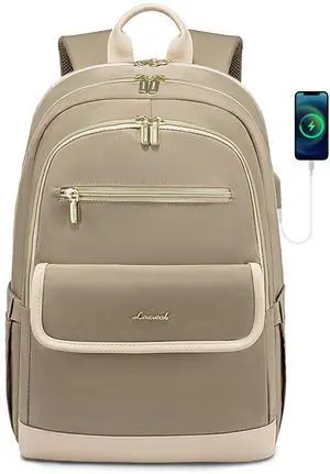 LOVEVOOK Laptop Backpack for Women,15.6 Inch Fashion Travel Backpack,Large Capacity Backpack Purse with USB,Water-resistant fits College Work Business Travel (Beige & Brown)