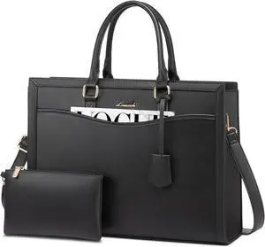 LOVEVOOK Laptop Tote Bag for Women, Leather Office Work Bag Briefcase fit for 15.6 inch Laptop, Large Teacher Computer Bag Handbag,2pcs Set Leather/Black