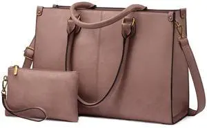 LOVEVOOK Laptop Tote Bag for Women, 15.6 Inch Large Capacity Vintage Leather Work Computer Bag, Business Casual Shoulder Handbag, Lotus Pink