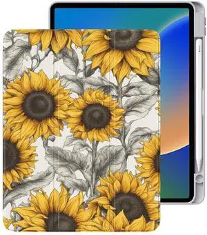 Cute Sunflower for iPad Mini 6 Case with Pencil Holder, Foldable Leather Cover Case, Support Auto Sleep Wake