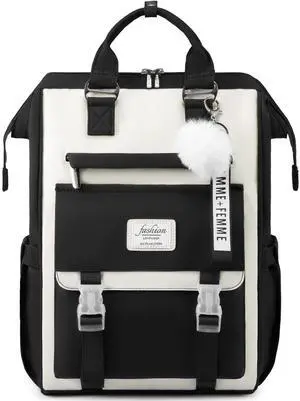 LOVEVOOK School Backpack for Student,15.6 Inch College Backpack, Light Weight Cute Bookbag for Girls, Waterproof Casual Daypack Laptop Backpack fits School Travel Casual(Black&Beige)