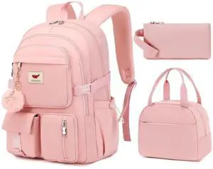 Laptop Backpack 15.6 Inch Elementary Middle High School Bag College Backpacks with Lunch Box Pencil Pouch 3 PCS Set Travel Bookbags for Teens Girls Women Students (Pink)