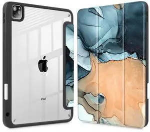 May Chen Case for iPad Pro 11-inch 2024 5th Generation M4 Chip, [Built Pencil Holder Supports Pencil 2/USB-C] Ultra Thin Clear Back Shell with Trifold Support Auto Wake/Sleep, Color Fluid