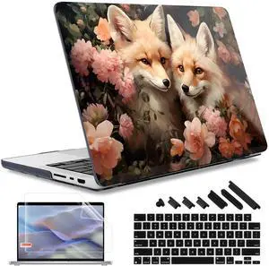 May Chen Case for M4 MacBook Pro 16 inch A3403 Max A3186, M3 A2991 M2 A2780 M1 A2485 Pro Max 2024 2023 2022 2021 Release, Plastic Hard Shell Case with Screen Pretector&Keyboard Cover, Cute Floral Fox