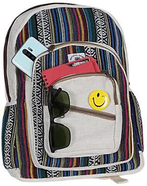 Marubhumi Natural Himalayan Hemp Backpack: Large, multi-pocket canvas travel laptop backpack; casual hippie daypack bag fits 15.6-inch notebook; lightweight backpack for women