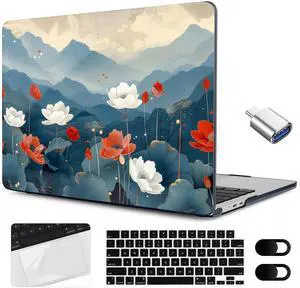 MEEgoodo Case for MacBook Air 15 inch M4/M3/M2 2025 2024 2023, Case Fit Model (A3241/A3114/A2941) for MacBook Air 15-inch, Laptop with Keyboard & Camera Cover & OTG Adapter, Lotus Fields