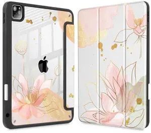May Chen for iPad Pro 12.9 Case (2022 2021 2020, 6th/5th/4th Gen), [ Built Pencil Holder 2 Support ] Ultra Thin Clear Back Shell with Trifold Support Auto Wake/Sleep, Luxury Lotus Flowers