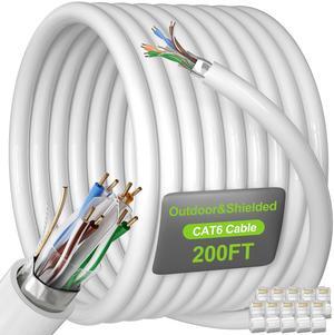 Cat 6 Shielded Ethernet Cable 200ft ( 10 RJ45), Outdoor&Indoor Cat 6 Ethernet Cable Bulk, High Speed Heavy Duty, 23 AWG, Direct Burial, Waterproof, UV Resistant Internet Cables for Router, Gaming