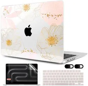 MEEgoodo Case for M4 MacBook Pro 16 inch Case 2024 2023 2021, Fit Model A3403/A3186/A2991/A2780/A2485 M3 M2 M1 Pro/Max Chip, Laptop Hard Shell Cases with Keyboard & Camera Cover, Tropical Pink Flowers