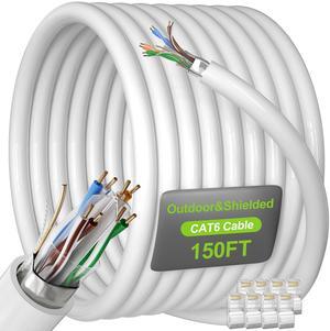 Cat 6 Outdoor Ethernet Cable 150ft (8 RJ45), Cat 6 Shielded Ethernet Cable Bulk 150 ft, Heavy Duty 23 AWG, Direct Burial, Waterproof, UV Resistant, Internet Network Cable for Router Gaming, CCA
