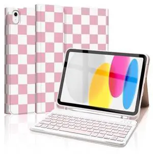 Mewealth for iPad 11th 10th Generation Case with Keyboard, Detachable Folio Wireless Keyboard Cover with Pencil Holder for 11th A16 11-inch 2025,10th Gen 10.9 Inch 2022, Checkered Plaid Pink-White