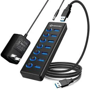 7-Port USB 3.2 Hub, Data USB Hub Splitter with Individual On/Off Switches and Lights, Compatible with Laptop, PC, MacBook, Mac Pro, Mac mini, iMac, Surface Pro and More