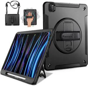 Miesherk iPad Pro 11 Case 2022/2021: 4th Gen Military Grade Heavy Duty Shockproof Rotating Stand + Hand/Shoulder Strap, Black