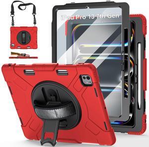Case for iPad Pro-13 Inch 7th Generation 2024: Military Grade Cover for iPad Pro-13 (M4) W/Screen Protector - Stand - Handle - Shoulder Strap - Pencil Holder- Red
