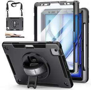 Case for iPad Air 11 M3 2025 & M2 2024: Cover for iPad Air 5th & 4th Generation 10.9 Inch (2020/2022) with Screen Protector- Stand- Handle- Shoulder Strap- Pencil Holder- Black