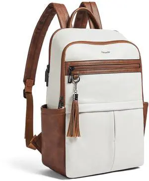 Mroede Laptop Backpack for Women 15.6" Leather Backpacks Purse Work Computer Backpack for Travel College Business,Beige Brown