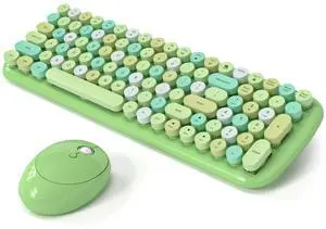 Wireless Keyboard and Mouse Combo, MOWUX - Modern Compact Layout, Colorful Compact Candy Mouse and Retro Round Keyboard Set with Cover, for PC/Laptop/Windows/Mac - Green Colorful