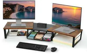 OPNICE Dual Monitor Stand Riser, Desk Organizer with Drawer, Office Desk Organizers and Accessories, Office Workspace Organization Computer Monitor Stand for Laptop, Printer, TV, Office Supplies, Rust