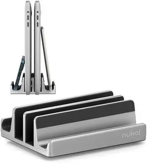 Nukoi Vertical Laptop Stand - SPACEMax Adjustable GRIPLock Anti-Tip Silicone 4 Slots Aluminum Desktop Holder - Double Dock Stand - 2 Phone Slots Fits Up to 17.3" Laptops, Tablets, Phones - Silver