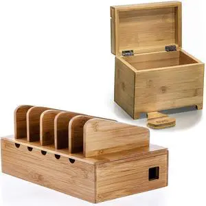 Prosumer's Choice Bamboo Recipe Box w/Fold Out Tablet and Smartphone Stand for 4x6 inch Cards Natural Bamboo Charging Station Rack for Smartphones and Tablets