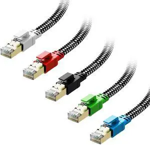 Cat 8 Ethernet Cable 5 ft 5 Pack Multi Color, Nylon Braided High Speed Heavy Duty Network LAN Patch Cord, 40Gbps 2000Mhz RJ45 Flat Internet Cable Shielded in Wall, Indoor&Outdoor for Modem/Router/PC