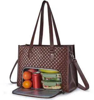 Ralnitote Laptop Bag with Insulated Lunch Compartment for Women, PU Leather 15.6 Inch Work Bag, Elegant Computer Handbag, Versatile Business Tote for Office,Travel or Casual-Chocolate Brown