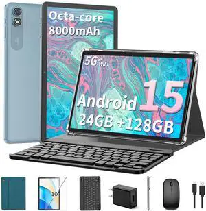 Relndoo 2025 Android 15 Tablet with Keyboard, 24GB+128GB+2TB Expand, 10 Inch Octa-Core 2-in-1 Tablets with 5G/2.4G WiFi, 8000mAh, BT5.0, GMS Certified, with Mouse, Case, Stylus, Split Screen(Green)