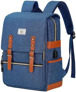 Ronyes Vintage Laptop Backpack for Women Men,15.6 inch Bookbag Casual Daypack with USB Charging Port for College Work, Blue Backpacks