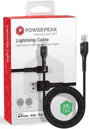 POWERPEAK Lightning Cable 6ft, Braided Nylon Metallic iPhone Charger Cord, (MFi Certified) Lightning & Sync Cable Compatible iPhone 14/13 mini/13/12/11 Pro MAX/XR/XS/8/7/Plus/6S/SE/iPad - Black