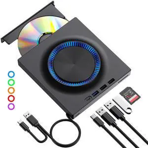 ROOFULL External DVD Drive, CD Drive Burner DVD Player with USB 3.0 & USB-C Hub and SD Card Reader, Portable DVD CD ROM +/-RW Disk Drive Writer for Laptop Mac Windows 11/10/8/7 Linux Computer PC