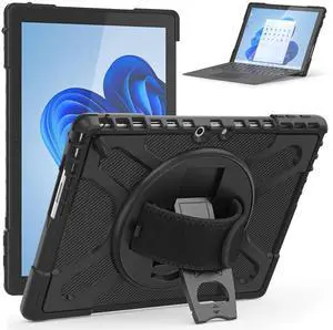 Rantice Compatible with Microsoft Surface Pro 9/10/11 Case 13 inch, Heavy Duty Rugged Shockproof Drop Protection Case with 360 Rotating Stand,Hand Strap Compatible with Type Cover Keyboard (Black)