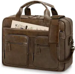 RAINSMORE Vintage Messenger Bag for Men PU Vegan Leather Computer Laptop Bag 15.6 Inch Waterproof Briefcases for Men Retro Mens Briefcase Satchel Bag for Work Office Business Travel Brown