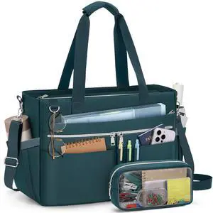 RAINSMORE Teacher Tote Bag for Women 15.6 Inch Laptop Briefcase with Clutch Bag, Nurse Bags Professional Work Handbag for Office College Nursing, Large Utility Tote Messenger Shoulder Bag, Dark Green