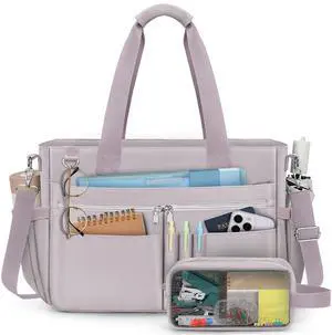 RAINSMORE Teacher Tote Bag for Women 15.6 Inch Laptop Briefcase with Clutch Bag, Nurse Bags Professional Work Handbag for Office College Nursing, Large Utility Tote Messenger Shoulder Bag, Grey Pink