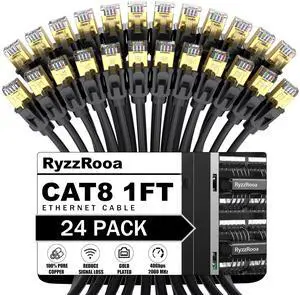 Cat 8 Ethernet Cable 1 FT 24-Pack, 40Gbps 2000MHz High Speed Cat8 Internet Cable, Shielded RJ45 Outdoor/Indoor Fastest LAN Cable for Router, Switch, Modem, PC, NAS, Patch Panel, Server, Gaming