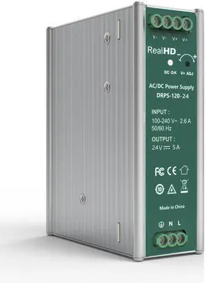 Real HD 120 Watts 24VDC 5Amp Industrial DIN Rail Power Supply Single Output (24V 120W), Size 1.7 x 4.8 x 5.1inch