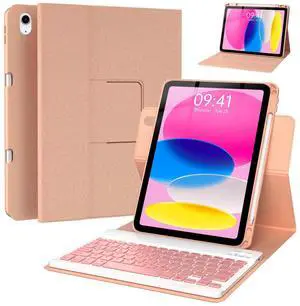 BLUTLOTUS Keyboard Case for iPad 10th Generation 2022 10.9 inch,360deg Rotatable Keyboard Case with Pencil Holder, 7 Color Backlit Detachable Bluetooth Keyboard,Smart Folio Tablet Cover (Rose Gold)